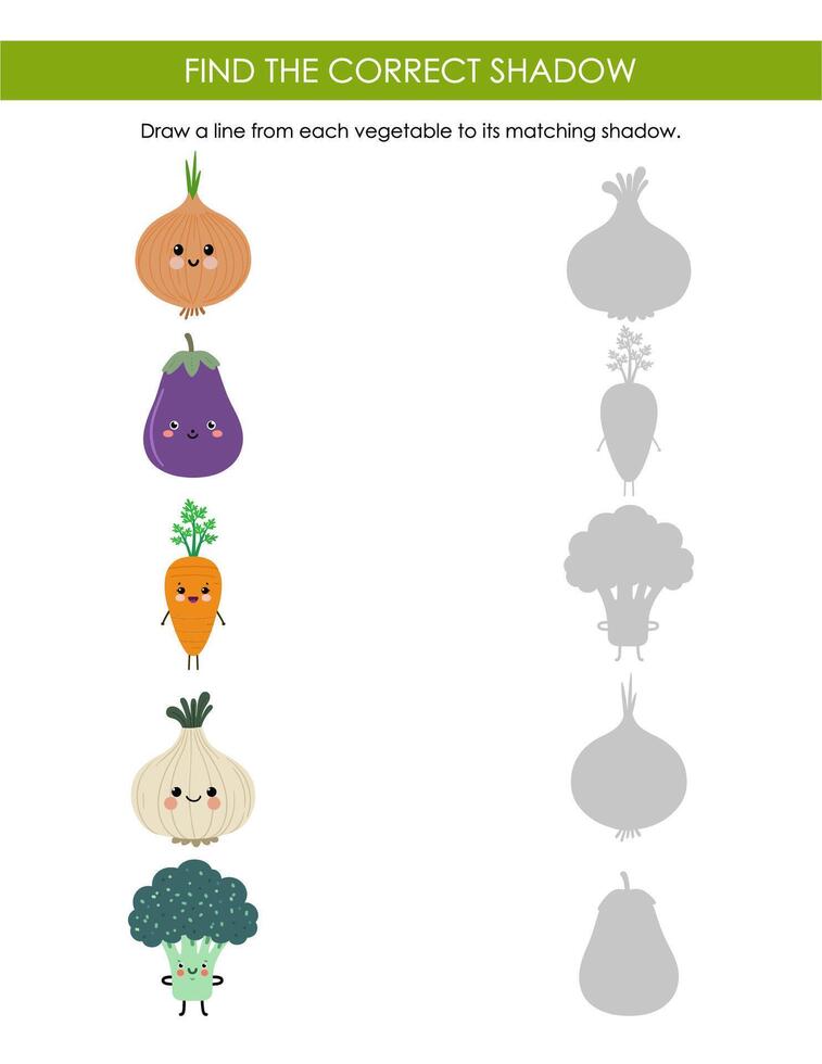 Matching activity for kids. Vegetable matching worksheet for preschool children. Educational game vector