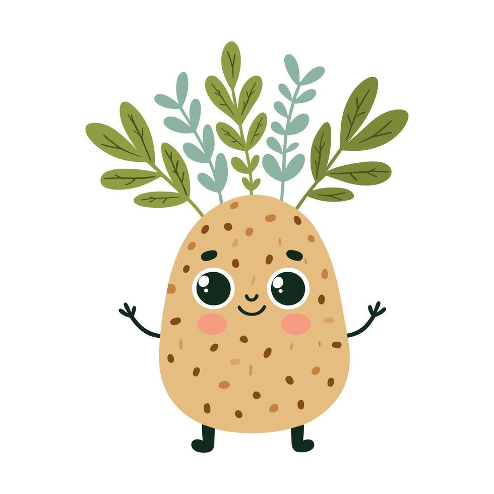 Cute potato with sprouts illustration for kids. Vegetables clipart in flat style for children vector