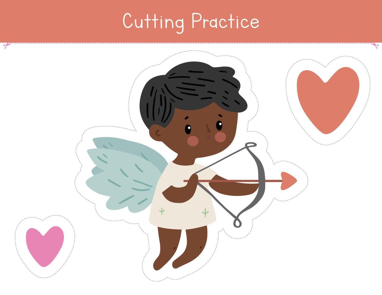 Valentine's Day educational game for kids. Cutting practice worksheet with cute cupid for preschool and kindergarten kids vector