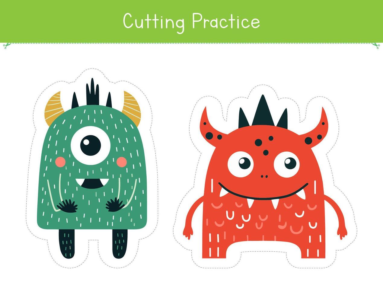 Cutting practice with cute and funny monsters. Fine motor skills worksheet for preschool and kindergarten. Educational game for school and homeschool vector