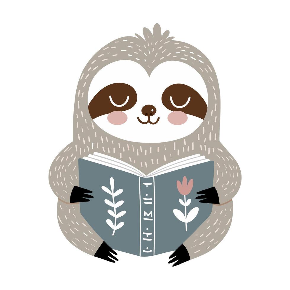 Cute sloth reading a book illustration for kids in Scandinavian or nordic style. Wild animals clipart vector