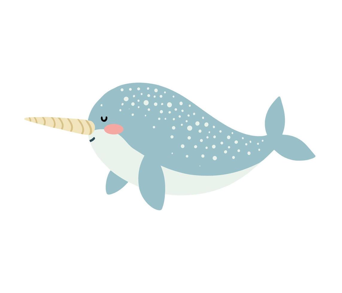 Narwhal illustration in flat style for kids. Sea creatures clipart isolated on white vector