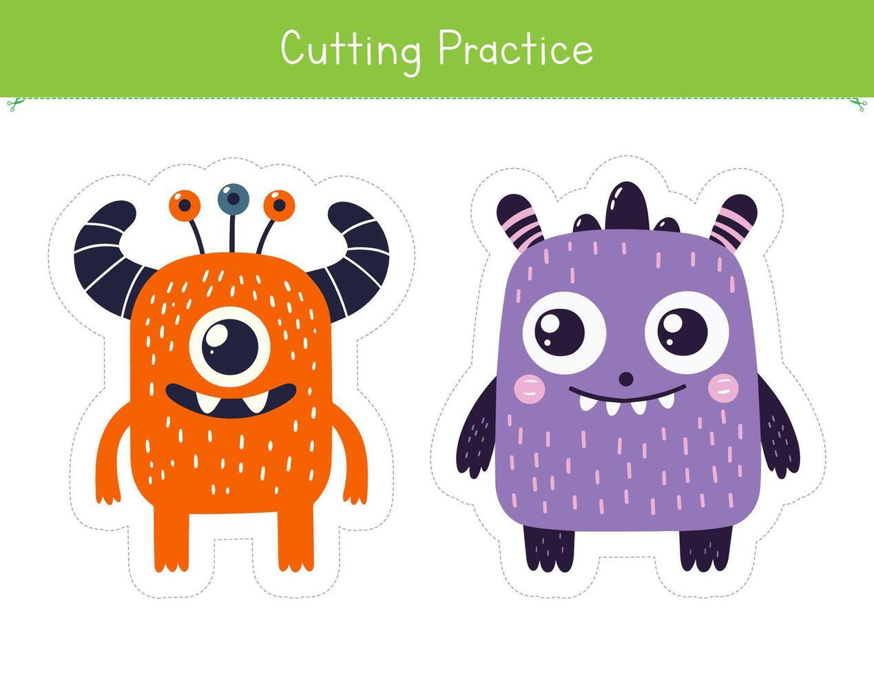Cutting practice with cute and funny monsters. Fine motor skills worksheet for preschool and kindergarten. Educational game for school and homeschool vector