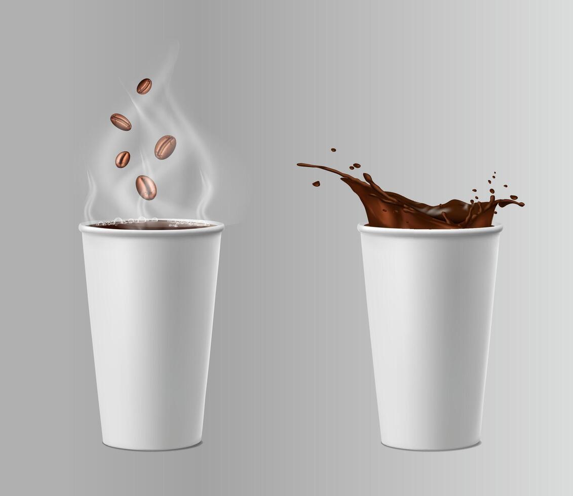 3d realistic vector icon illustration. White paper coffee cups with coffee splash and coffee beans.