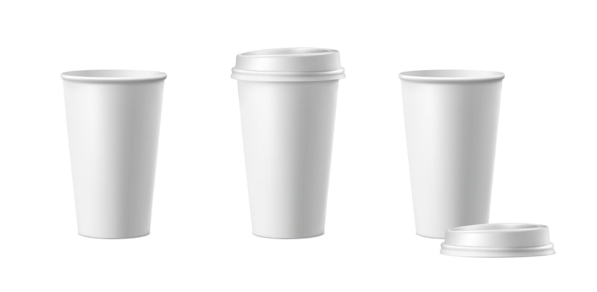 3d realistic vector icon illustration. White paper coffee cups with and withuot lid. Isolated on white background.