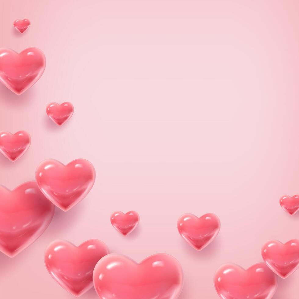 3d realistic vector illustration. Pink red hearts on background. Square valentines banner.