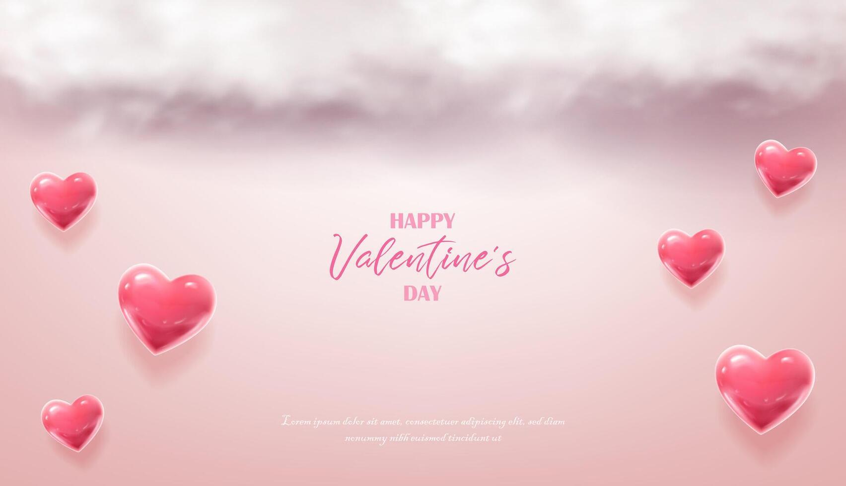 3d realistic vector illustration. White clouds on background with red hearts. Happy Valentines Day banner.