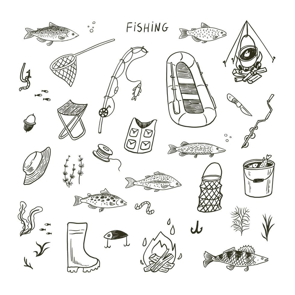 Fishing objects vector doodle illustrations set.