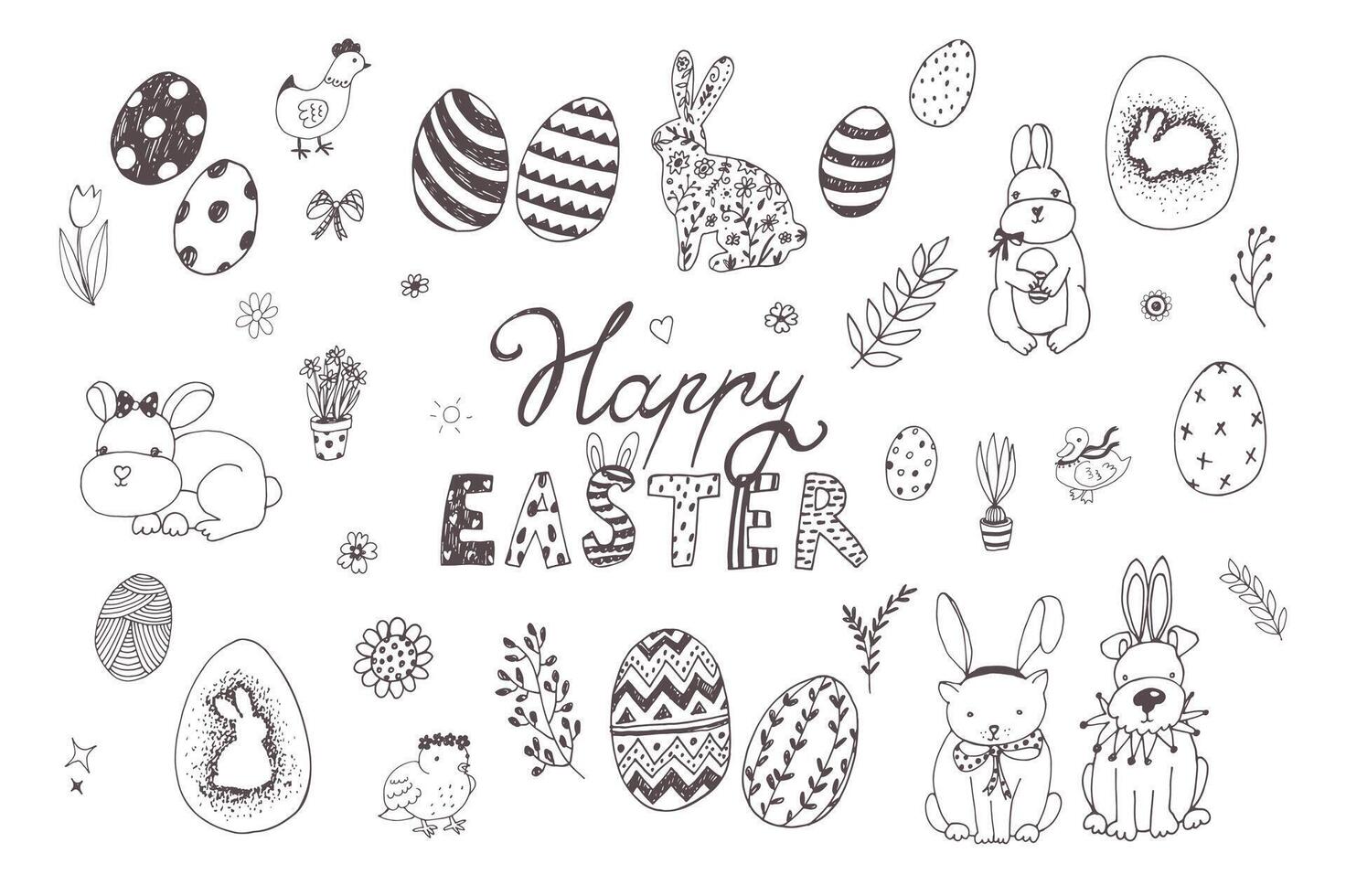 Easter eggs, rabbits, chicken, flowers spring vector line illustrations set.