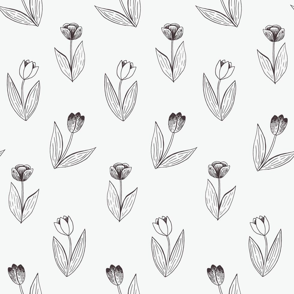 Tulips spring flowers vector line seamless pattern.