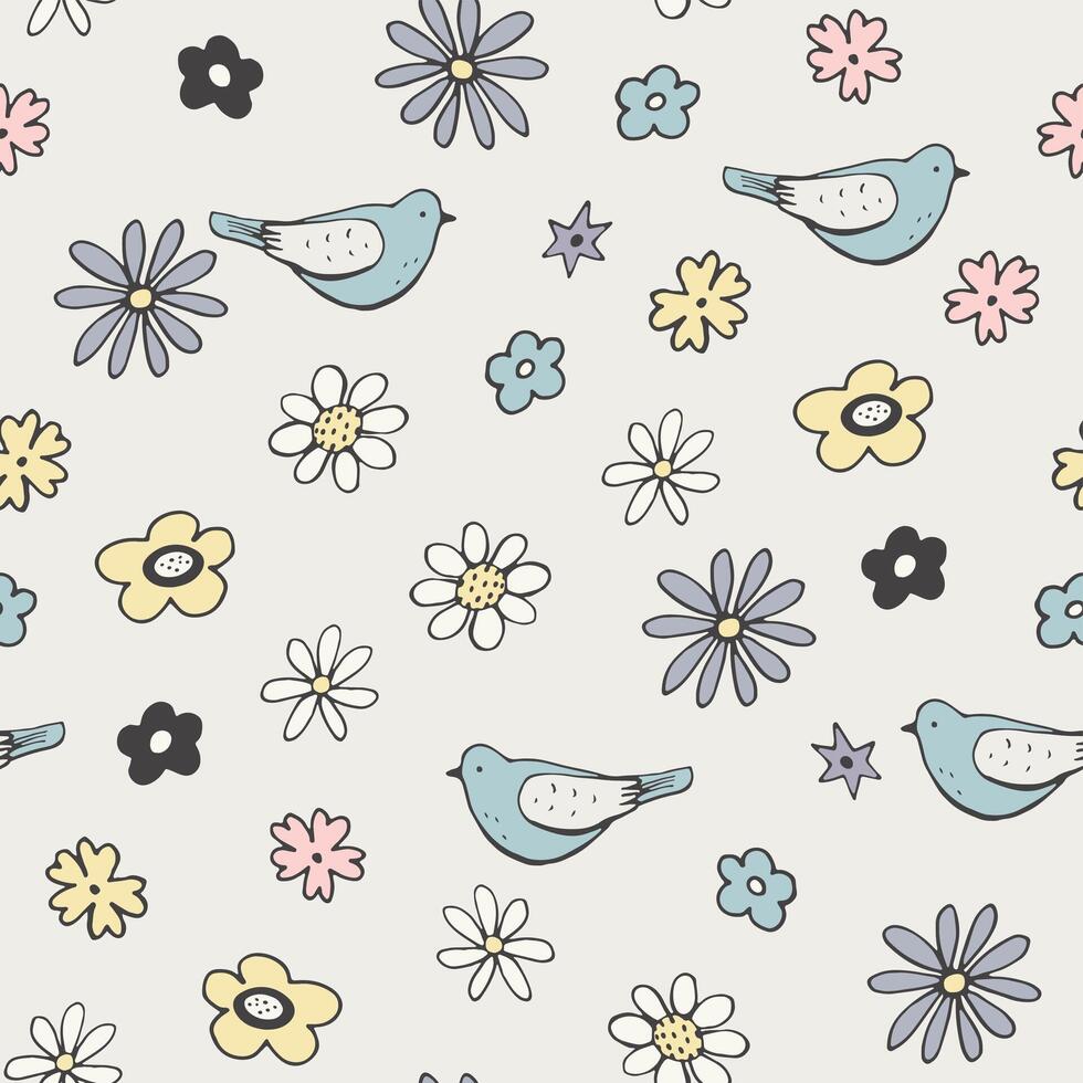 birds and spring flowers  vector seamless pattern.