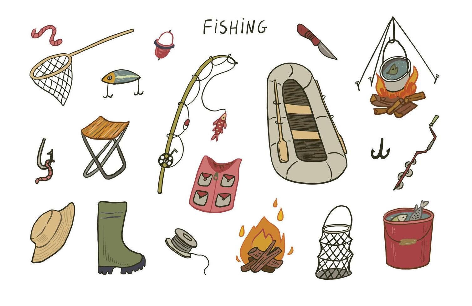 Fishing objects vector doodle illustrations set.