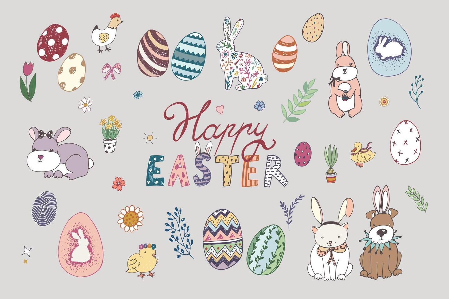 Easter eggs, rabbits, chicken, flowers spring vector illustrations set.