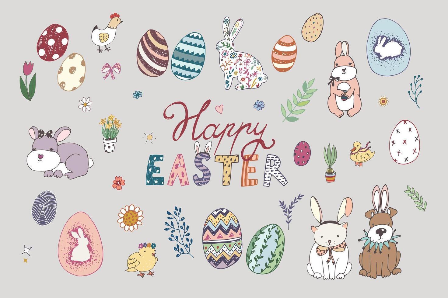 Easter eggs, rabbits, chicken, flowers spring vector illustrations set.