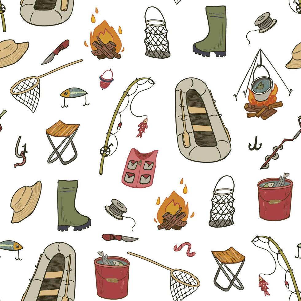 Fishing objects vector doodle seamless pattern.