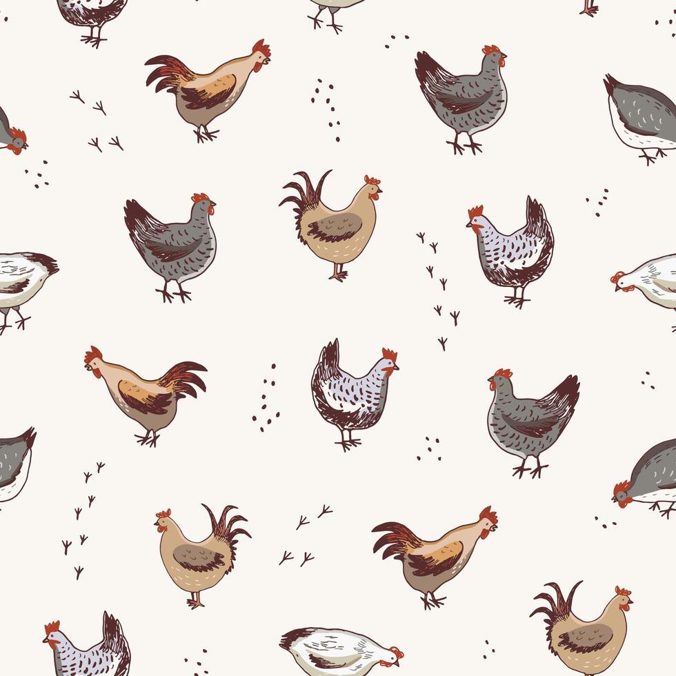 Chicken domestic animals vector seamless pattern.