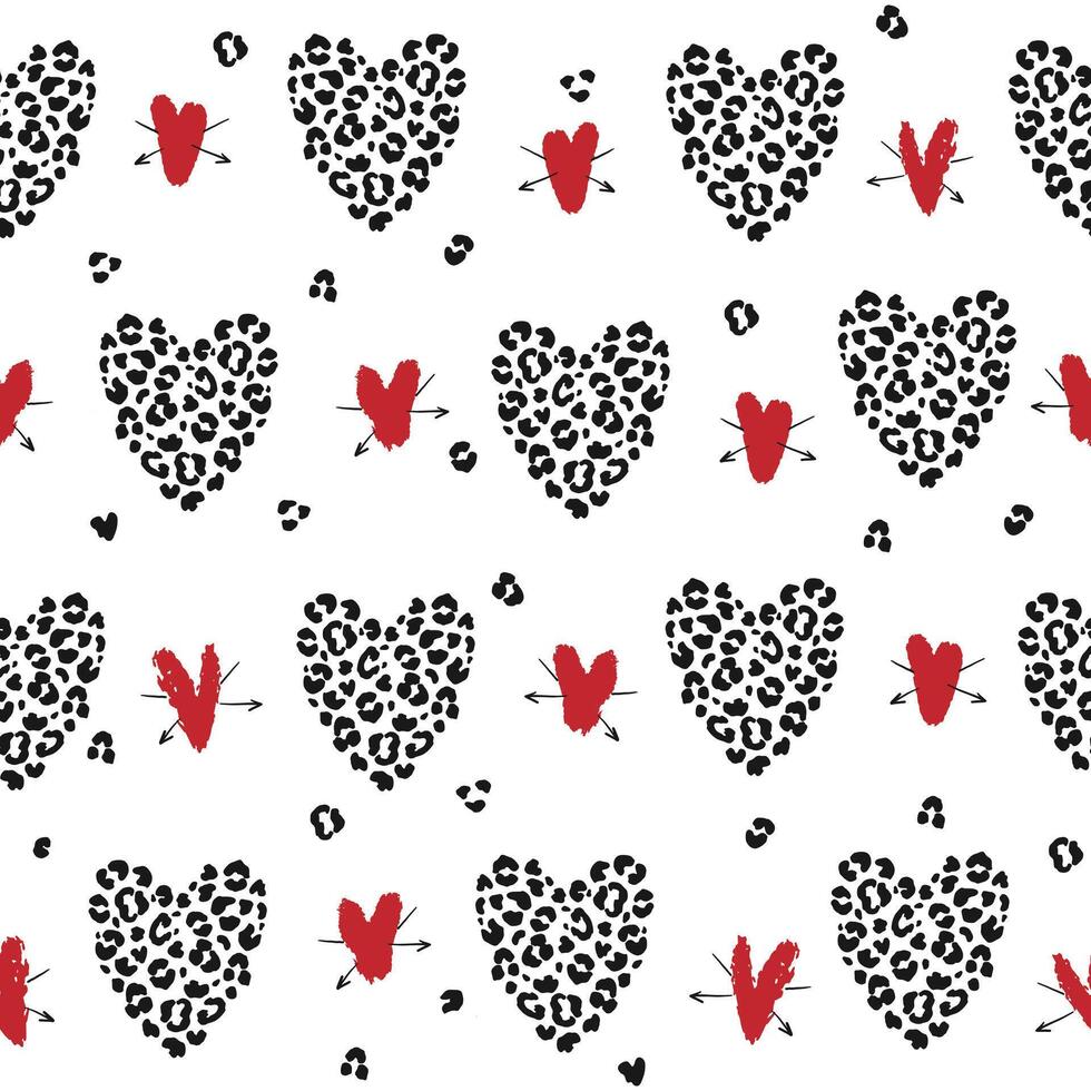 Seamless pattern with leopard print and hearts. Vector illustration.