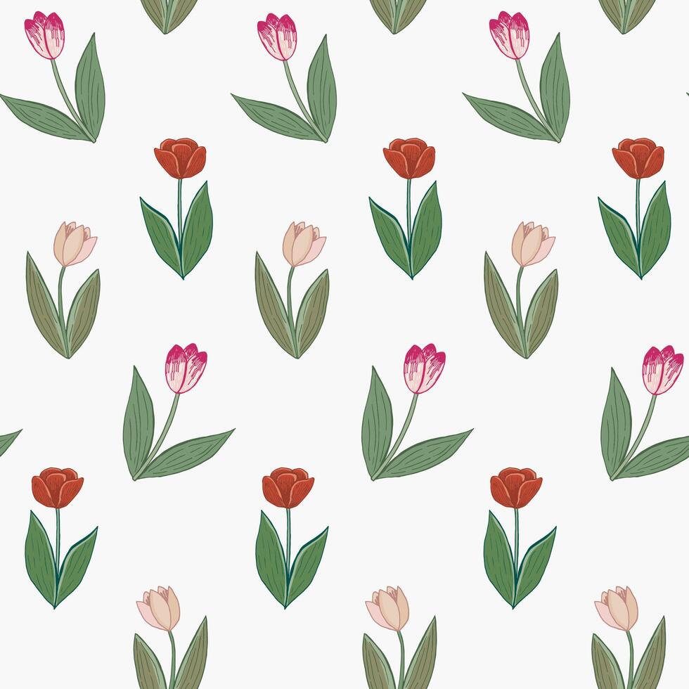 Tulips spring flowers vector seamless pattern.