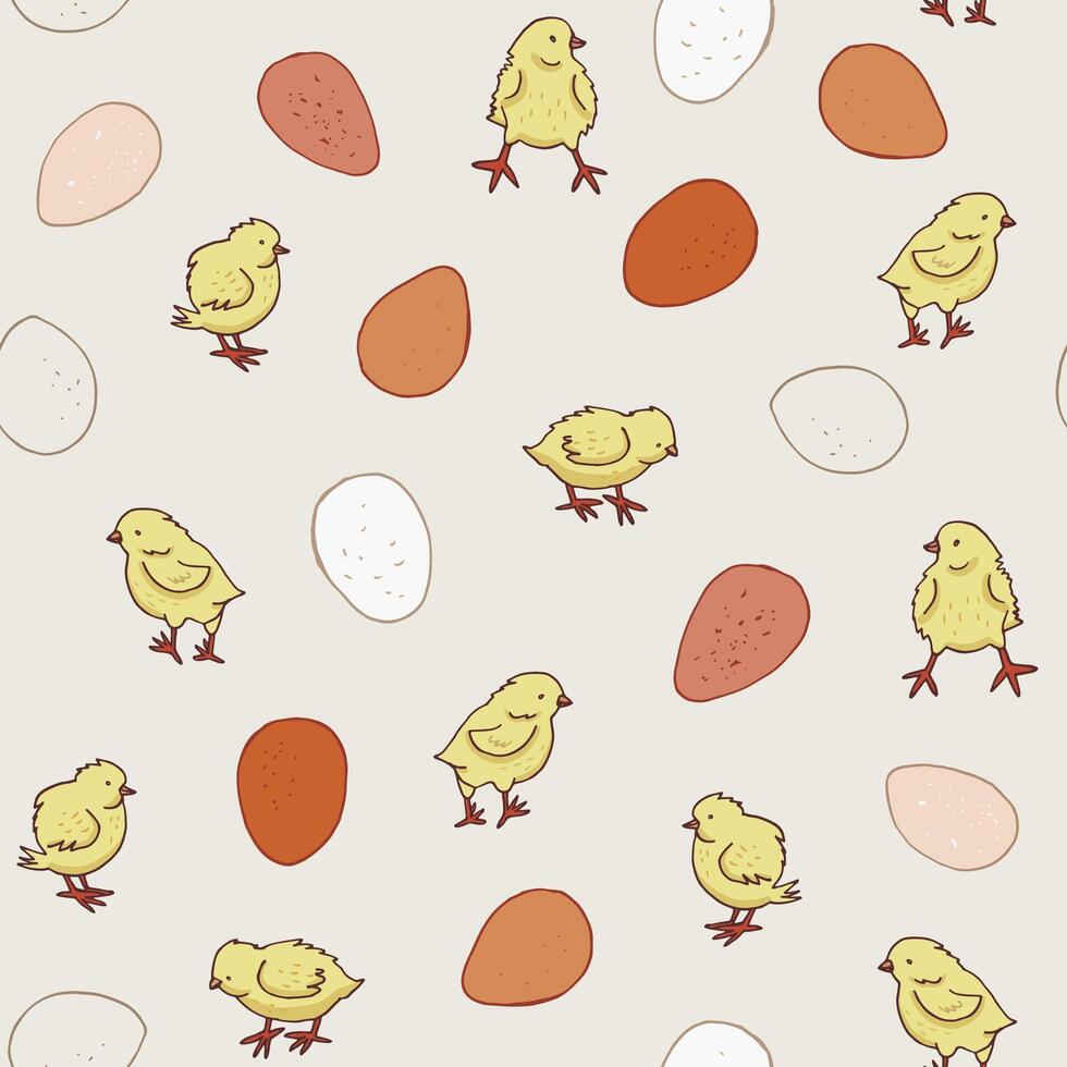 Easter eggs and chick vector seamless pattern.