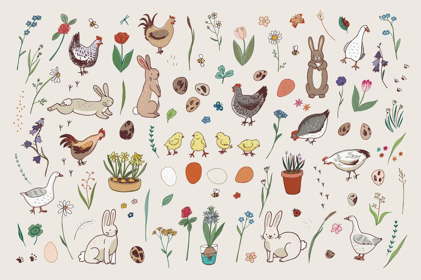 Easter eggs, rabbits, chicken, flowers spring vector illustrations set.