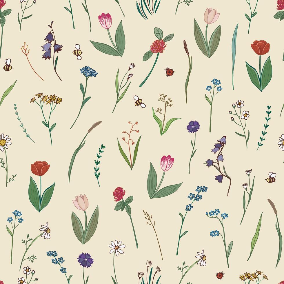Spring flowers vector seamless pattern.
