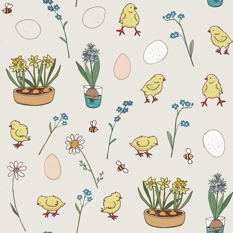 Easter eggs and chick vector seamless pattern.