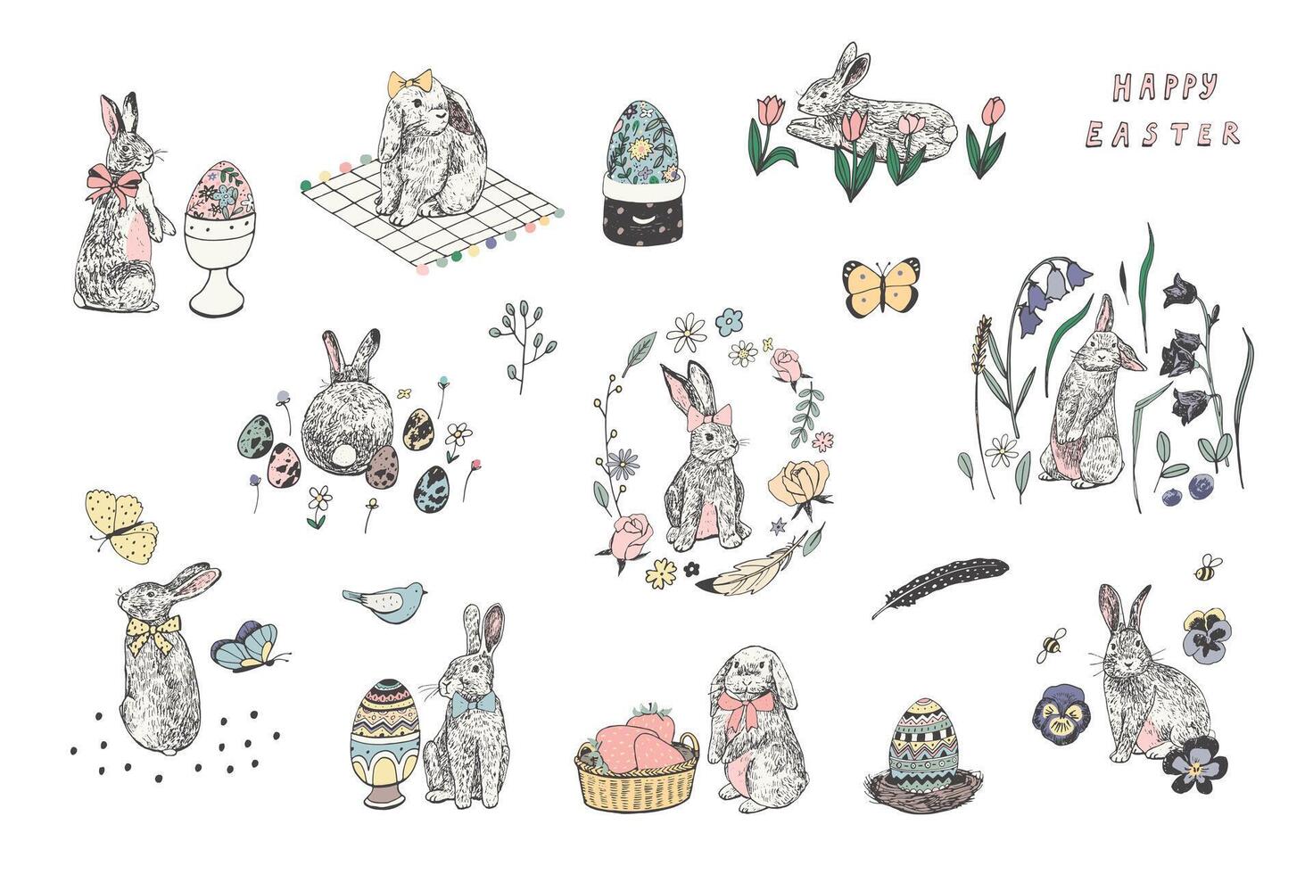 Easter rabbits, eggs and flowers vector illustrations set.