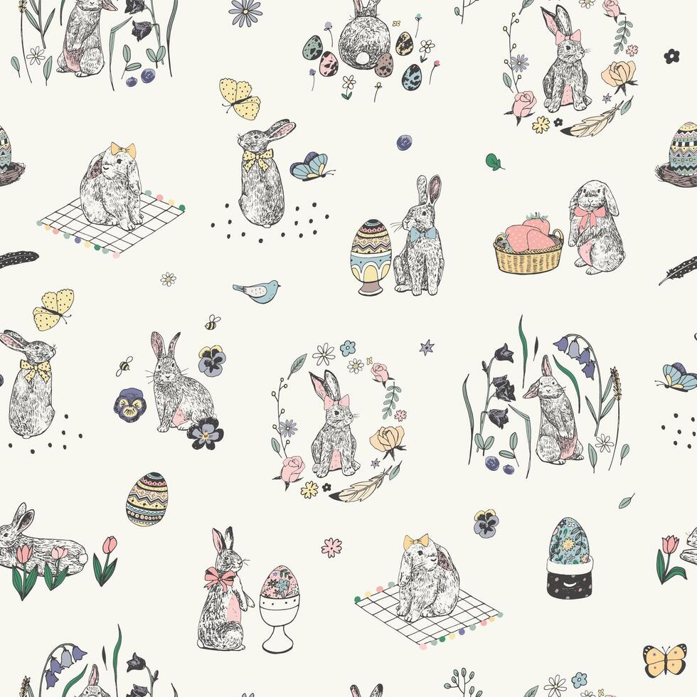 Easter rabbits vector seamless pattern.