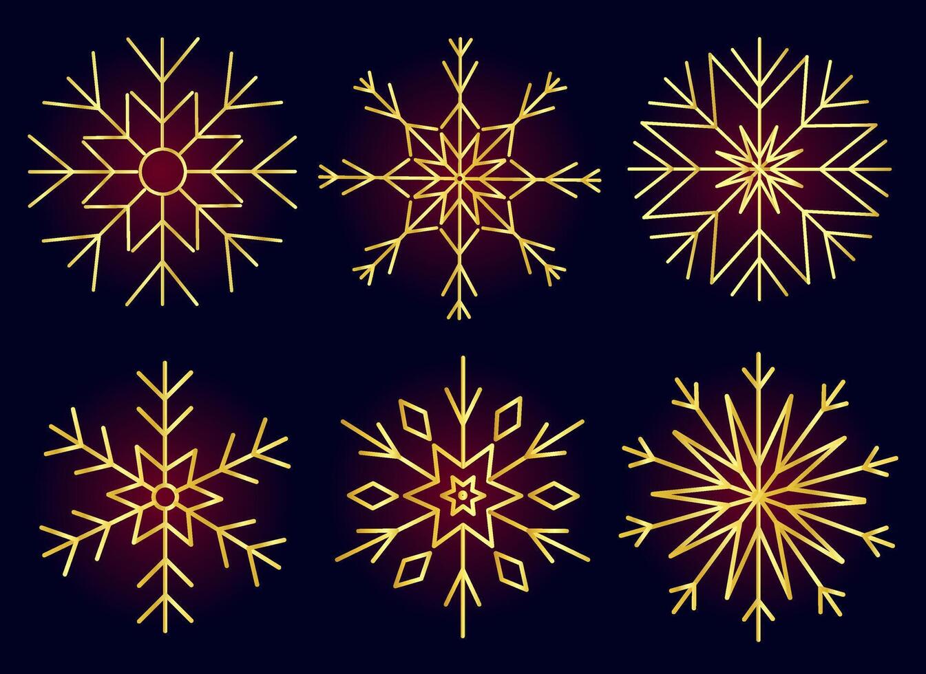Set of golden linear snowflakes. Christmas gold elements. Glowing elements for Christmas and New Year. Vector illustration