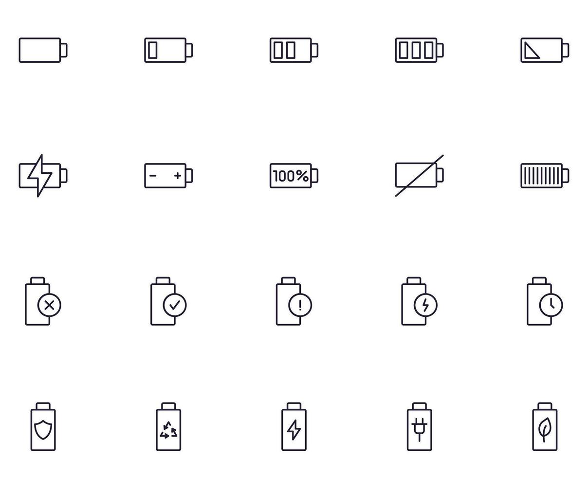 Battery concept. Collection of modern high quality battery line icons. Editable stroke. Premium linear symbol for web sites, flyers, banners, online shops and companies. vector