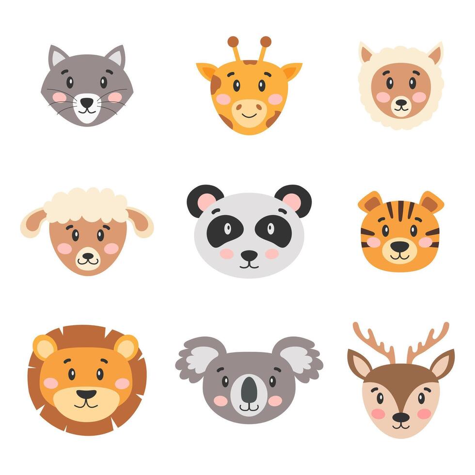 linda dibujos animados animales para niños. lobo, jirafa, llama, león, panda, tigre, ciervo, coala, oveja. vector ilustración.