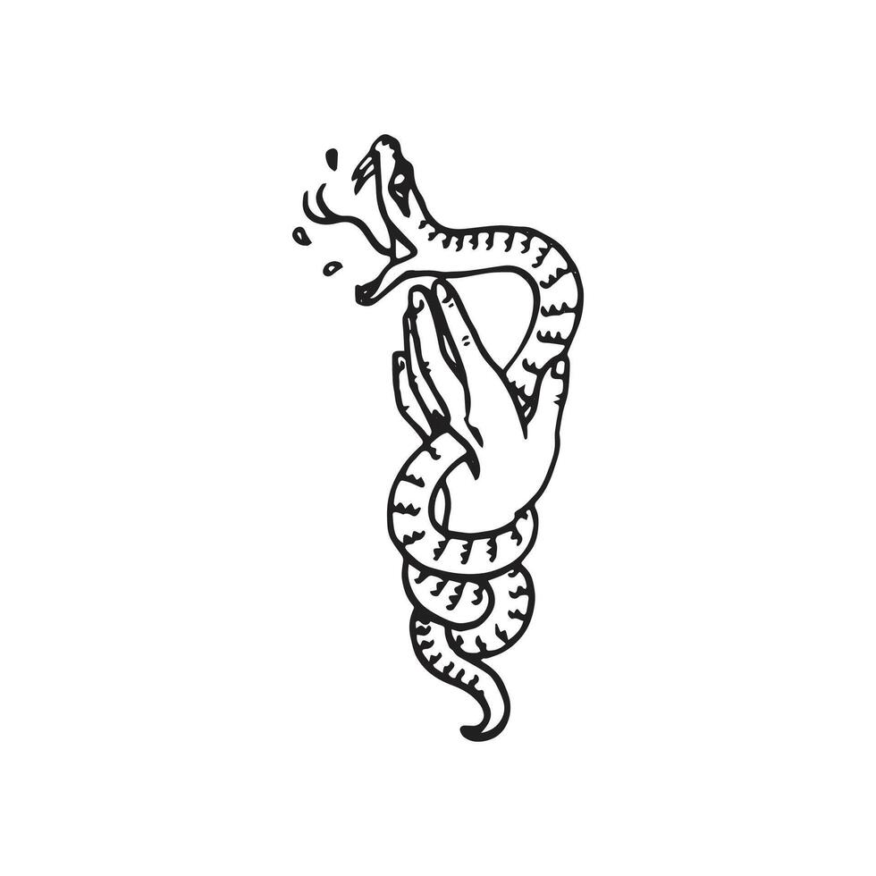 Hand holding Interlaced bunch of snakes as a sybmbolical representation of devil. Intricate hand drawing. Tattoo design. vector