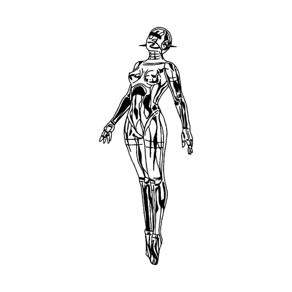 Beautiful Robot woman standing at the interactive vector