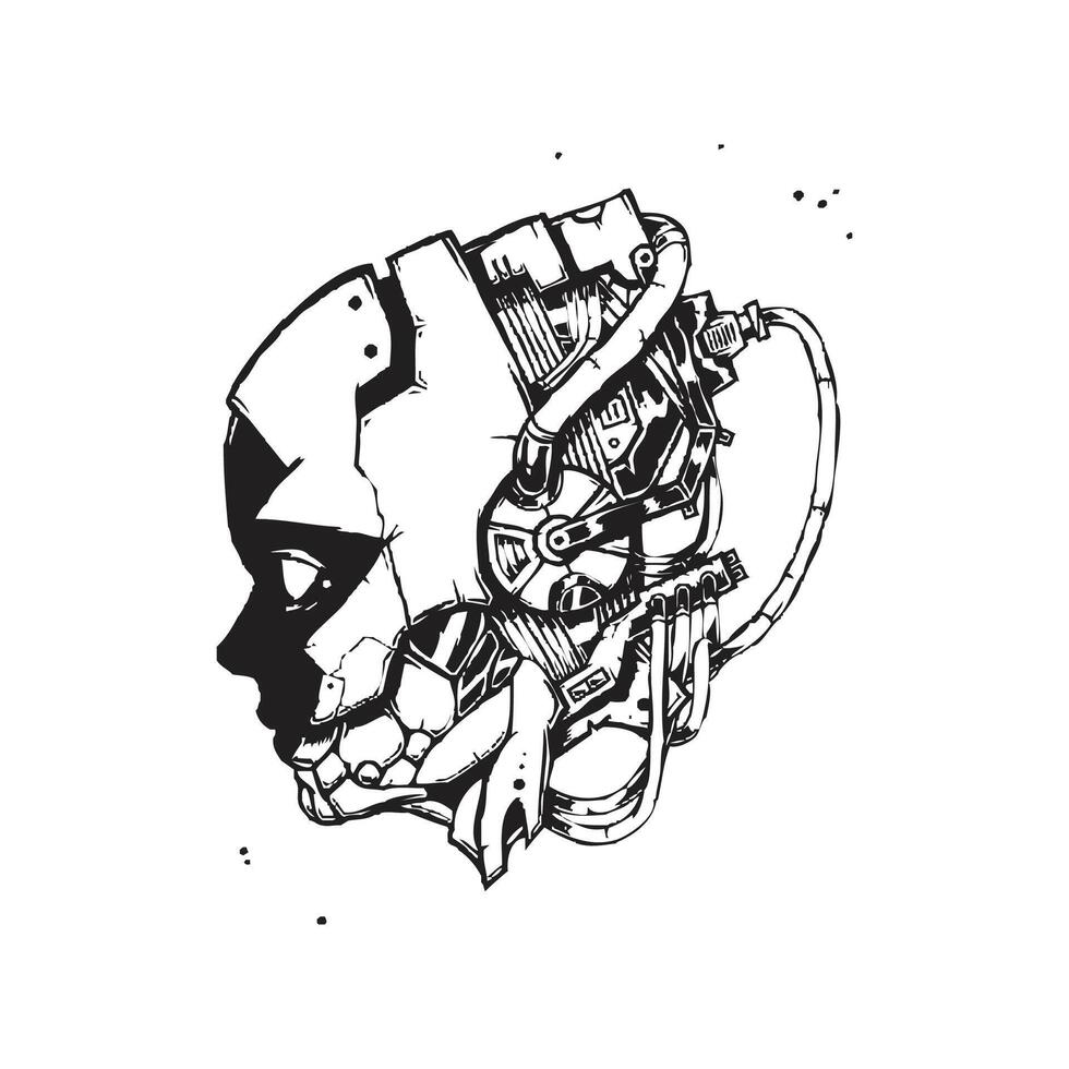 Illustration of a Hand-Drawn AI Cyborg Man in a Timeless Vintage Style. vector