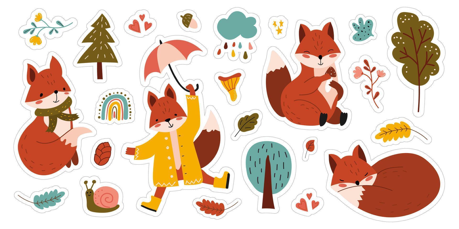 Set of stickers with foxes, trees, decorative elements. Hand drawn collection for scrapbooking. Children's illustration in cartoon style. Banner, poster, poster. White isolated background. vector