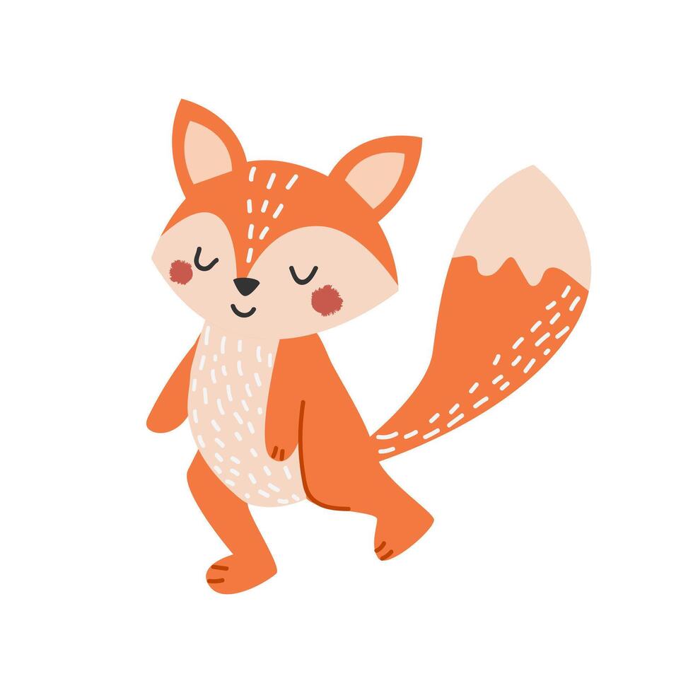 Cute cartoon fox vector illustration in flat style. Beautiful forest animal. For poster, greeting card and kids design. White isolated background. Hand drawn.