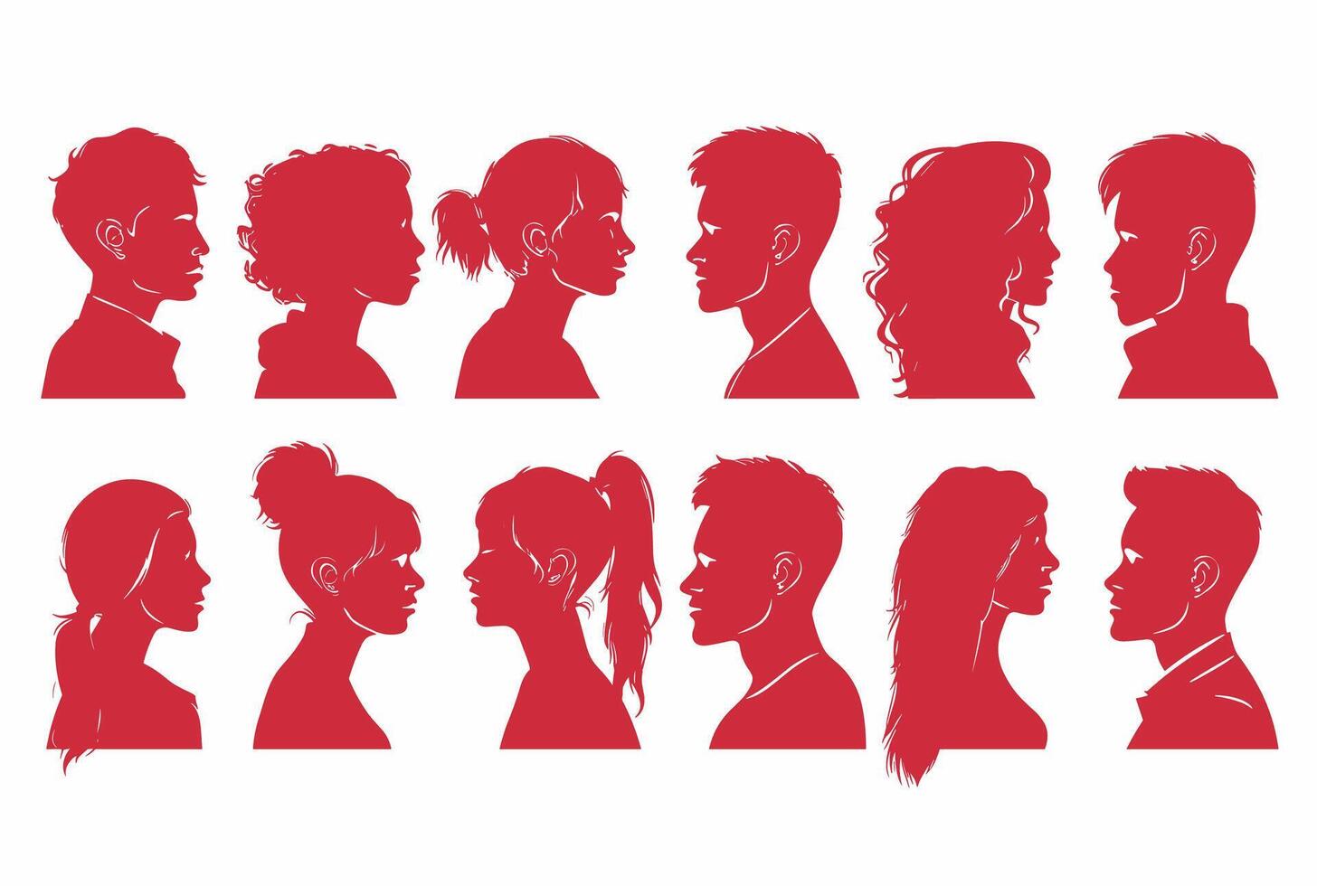 Vector simple silhouettes or icons of many people, woman and man facing each other relationship, conversation, gender