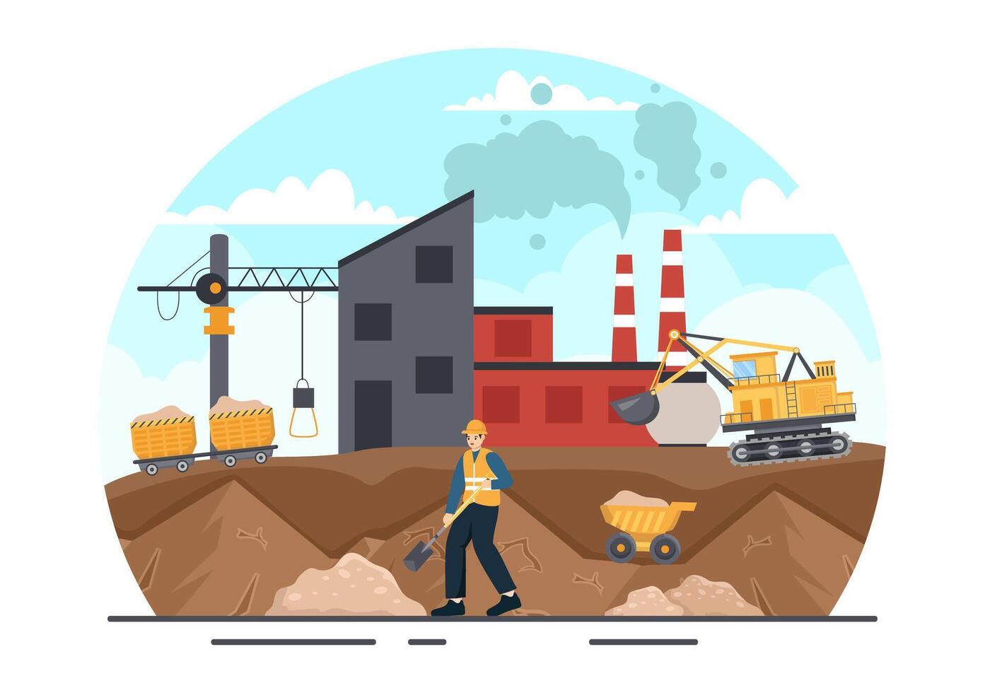 minería empresa vector ilustración con pesado amarillo compuerta camiones para arena mía industrial proceso o transporte en plano dibujos animados antecedentes