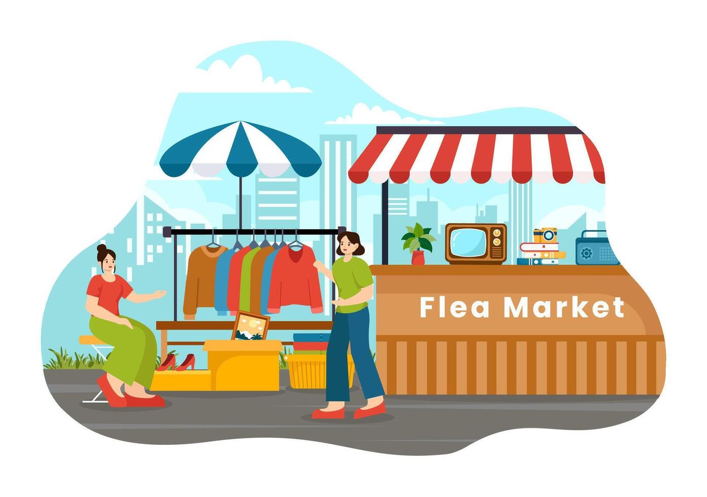 Flea Market Vector Illustration with Second Hand Shop with Shoppers, Swap Meet, Sellers and Customers at Weekend in Business Flat Background