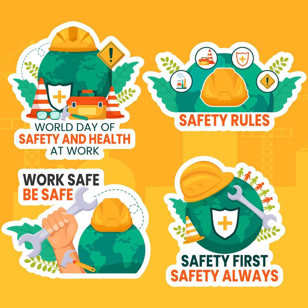 Safety and Health at Work Day Label Flat Cartoon Hand Drawn Templates Background Illustration vector