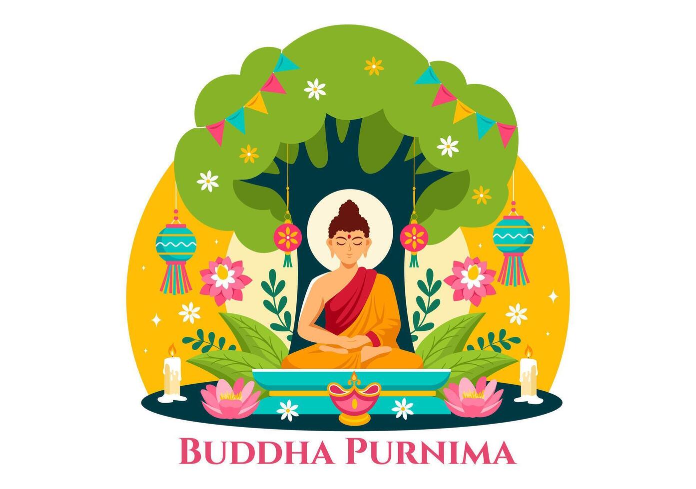Happy Buddha Purnima Vector Illustration of Vesak Day or Indian Festival to Spiritual with in a Deep Meditation in Flat Cartoon Background