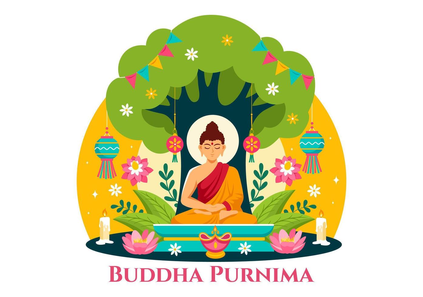 contento Buda purnima vector ilustración de vesak día o indio festival a espiritual con en un profundo meditación en plano dibujos animados antecedentes