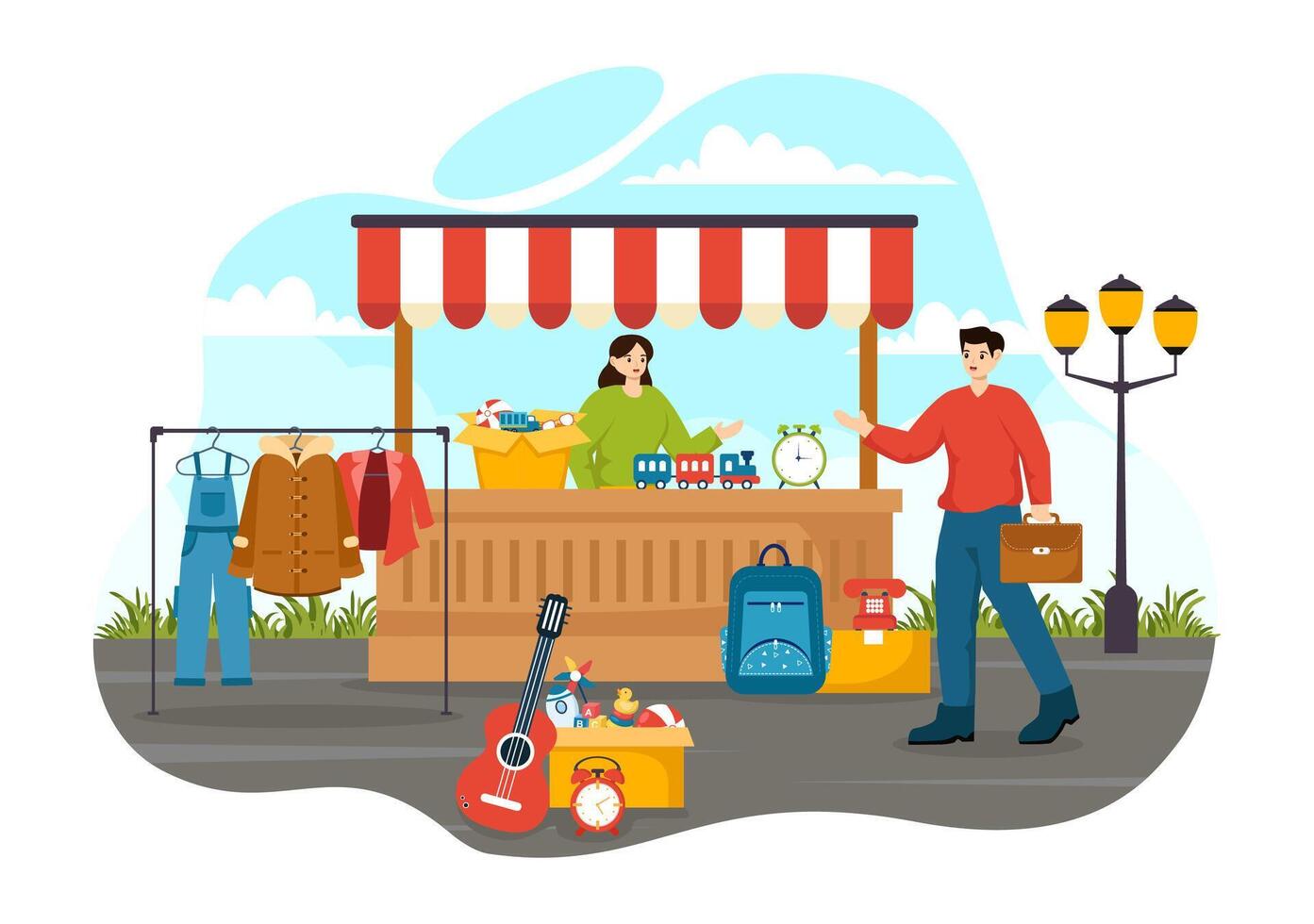 Flea Market Vector Illustration with Second Hand Shop with Shoppers, Swap Meet, Sellers and Customers at Weekend in Business Flat Background