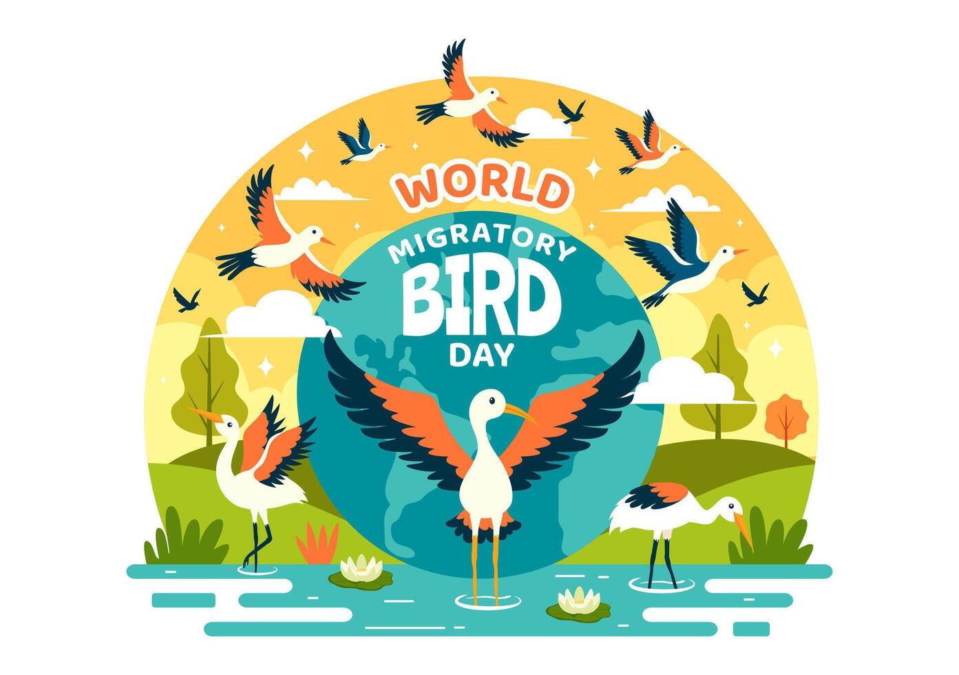 mundo migratorio pájaro día vector ilustración con aves migraciones grupos y su hábitats para vivo acuático ecosistemas en plano dibujos animados antecedentes