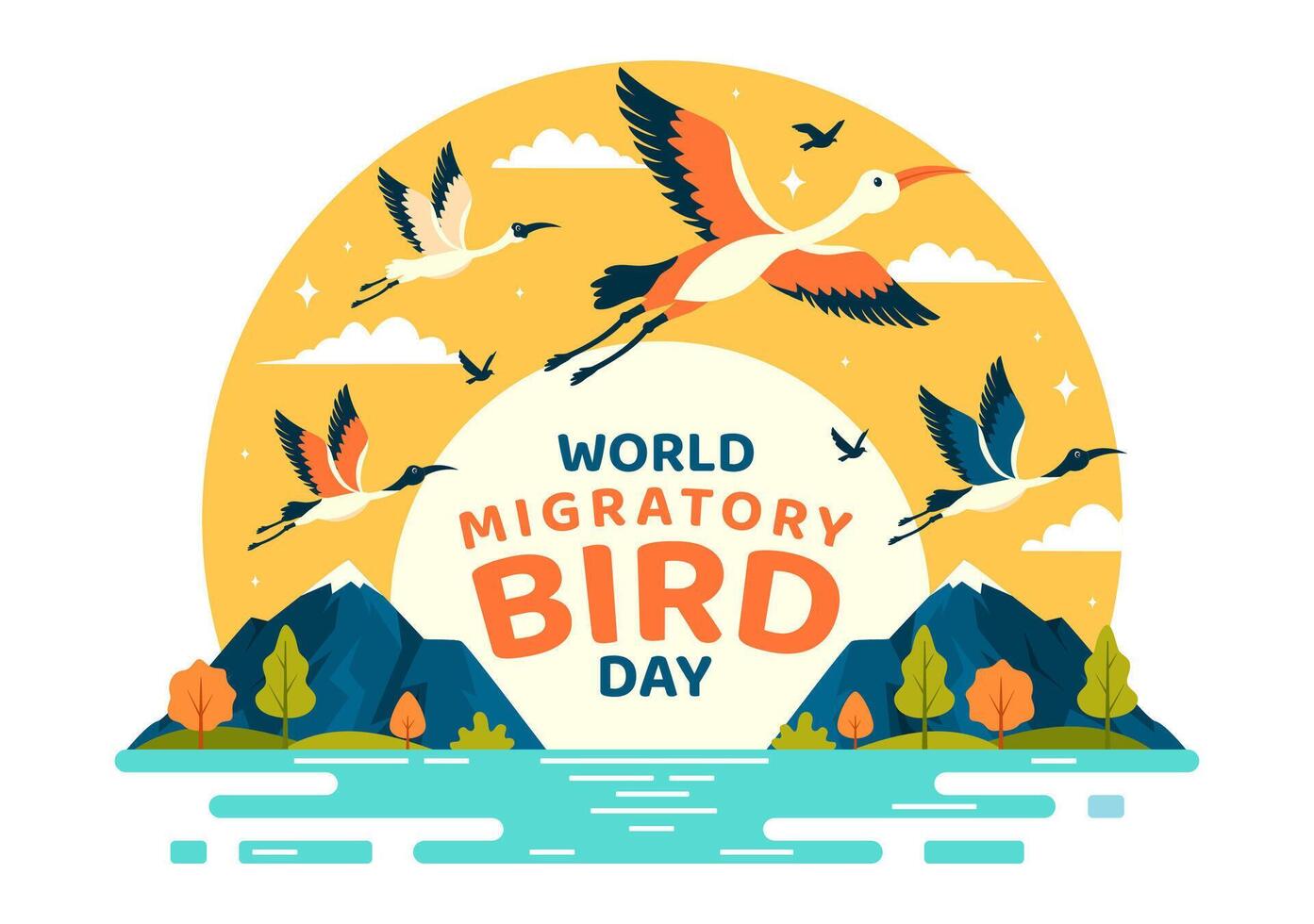 mundo migratorio pájaro día vector ilustración con aves migraciones grupos y su hábitats para vivo acuático ecosistemas en plano dibujos animados antecedentes