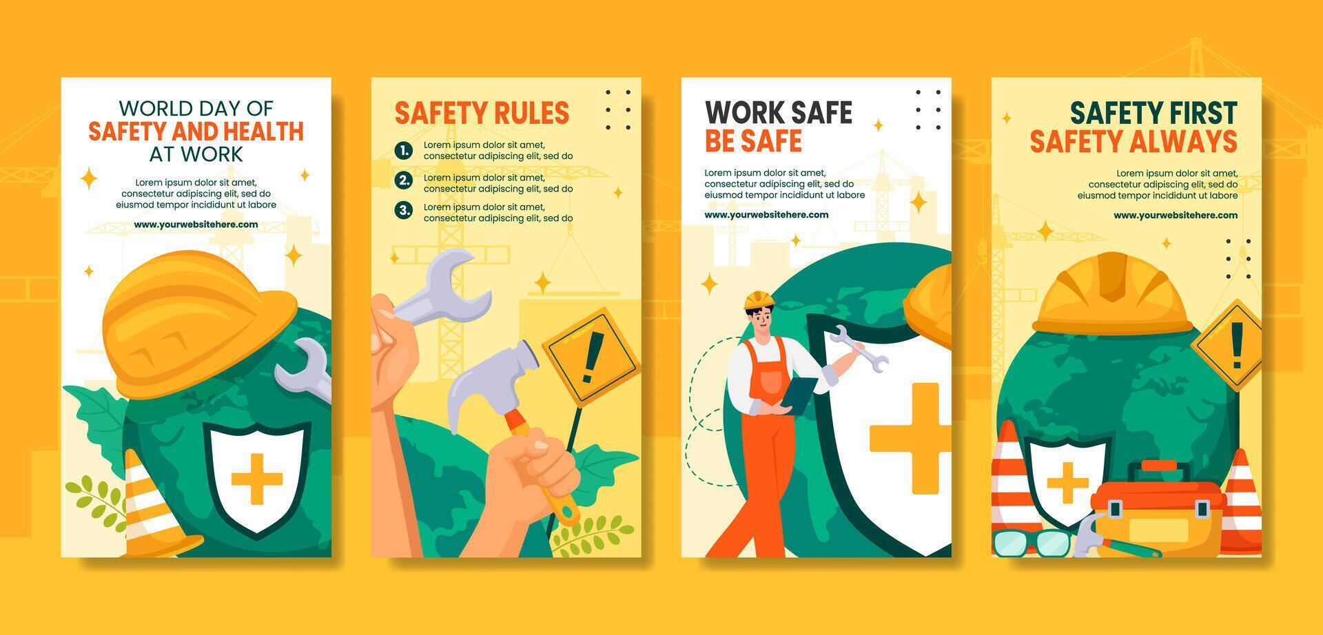 Safety and Health at Work Day Social Media Stories Cartoon Templates Background Illustration vector