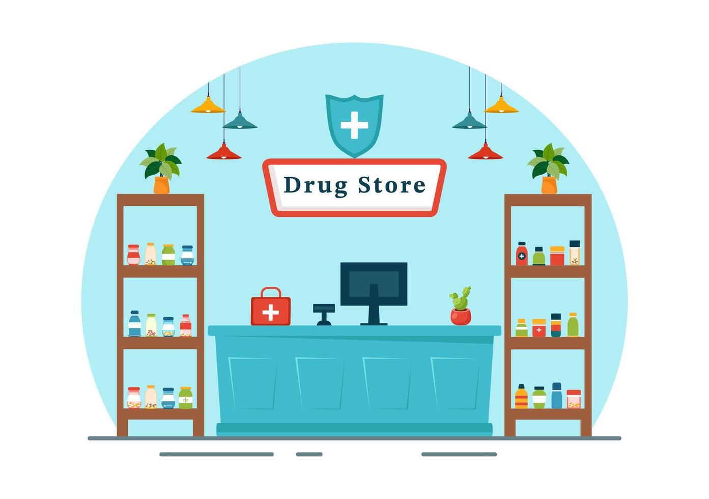 fármaco Tienda vector ilustración con tienda para el rebaja de drogas, un farmacéutico, medicamento, cápsulas y botella en cuidado de la salud plano dibujos animados antecedentes