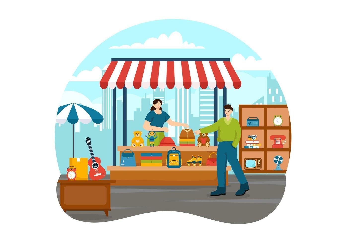 pulga mercado vector ilustración con segundo mano tienda con compradores, intercambiar encontrarse, vendedores y clientes a fin de semana en negocio plano antecedentes