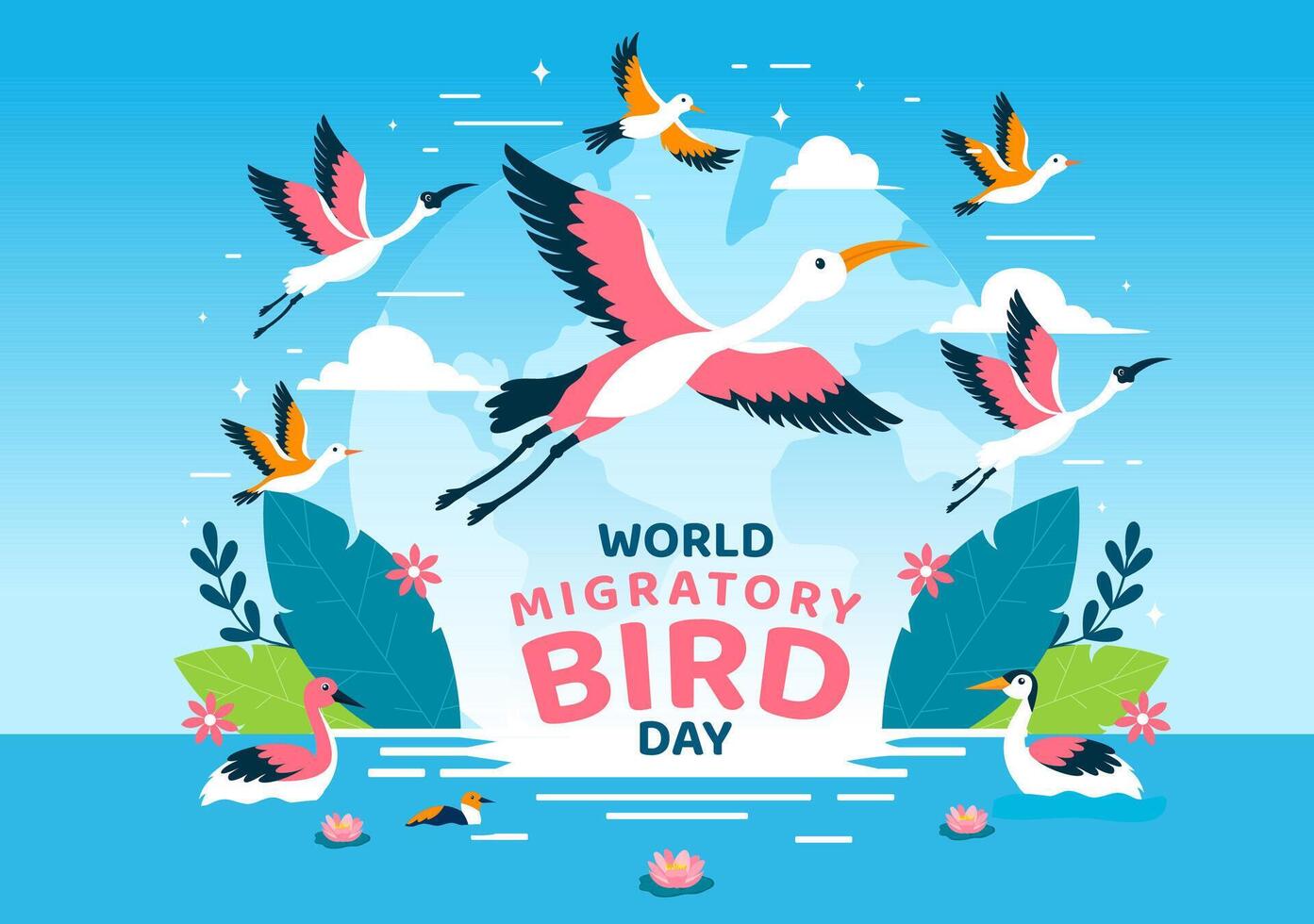 World Migratory Bird Day Vector Illustration with Birds Migrations Groups and Their Habitats for Living Aquatic Ecosystems in Flat Cartoon Background