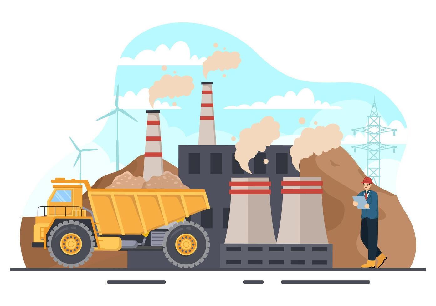 Mining Company Vector Illustration with Heavy Yellow Dumper Trucks for Sand Mine Industrial Process or Transportation in Flat Cartoon Background